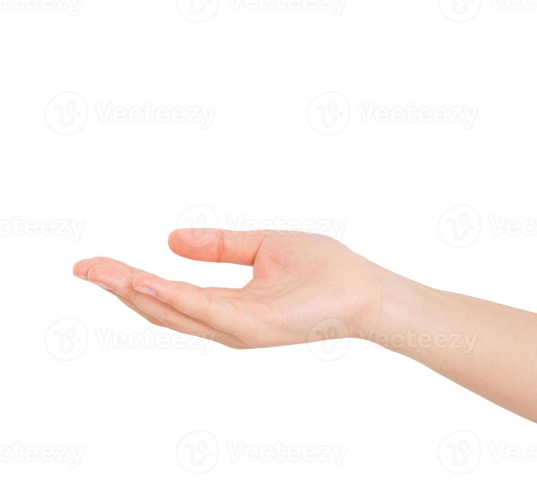 Open white woman's hand, palm up isolated on white background photo