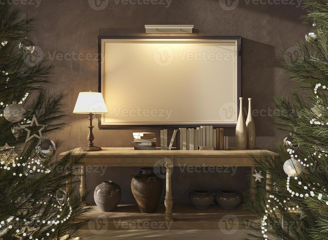 Christmas tree with toys and gifts decorate modern interior scandinavian farmhouse style. Night lighting room. Mockup frame. 3d render illustration. photo