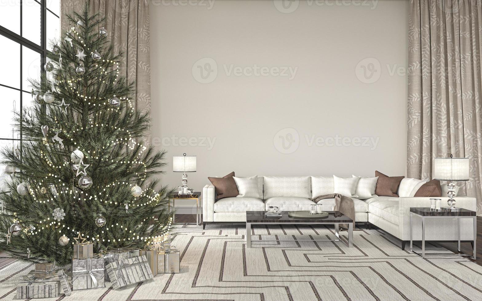 Christmas tree with presents in living room interior design. Hampton style. Mockup white wall in luxury home background. 3d render illustration. photo