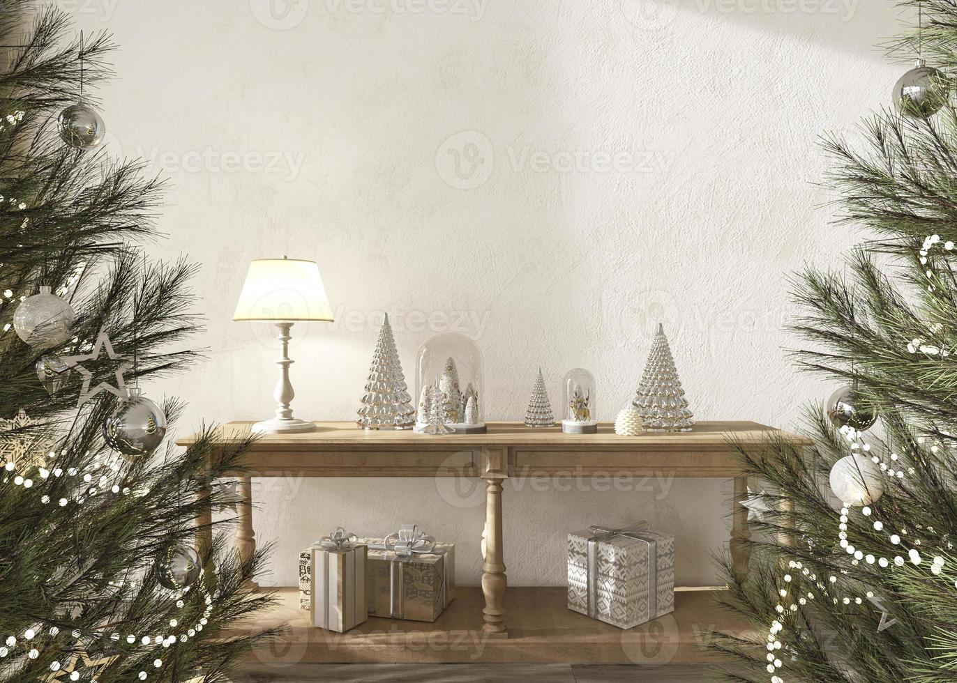 Christmas tree decorated with toys in modern scandinavian interior. Mockup white wall in cozy home. Farmhouse style 3d render illustration. photo