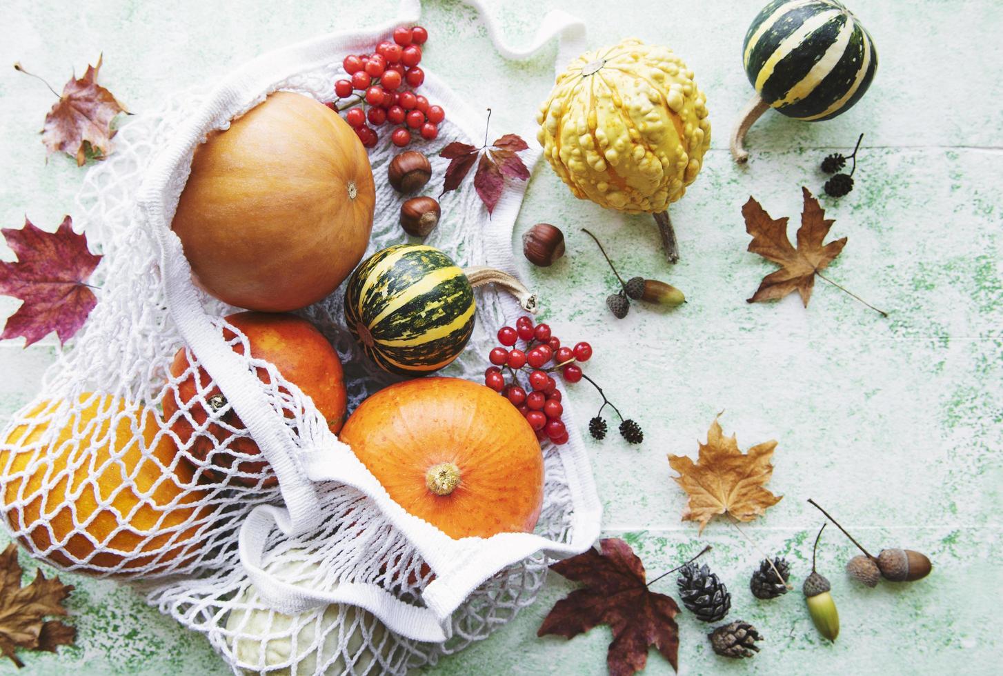 Autumn composition with assorted pumpkins in eco string bag photo
