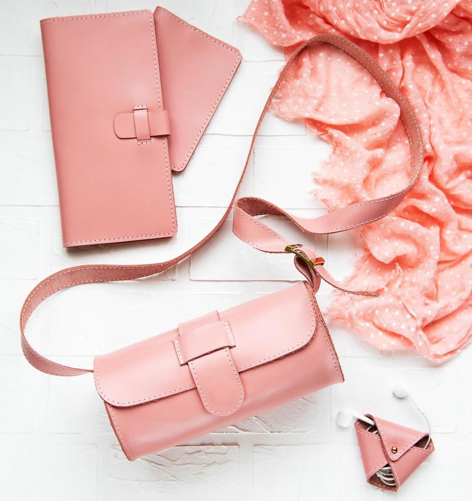 Pink leather bags and accessories photo