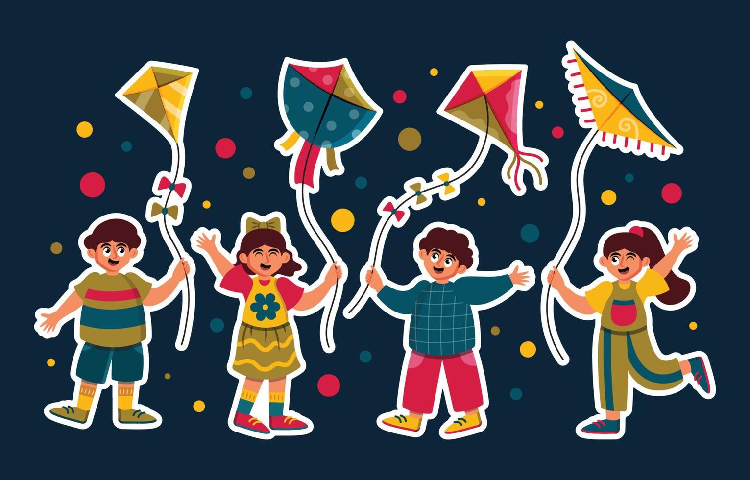 coloridos niños felices jugando cometas conjunto de plantillas de pegatinas vector