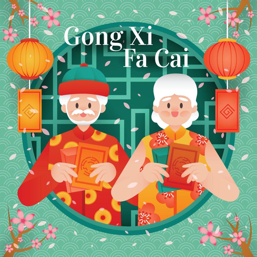 Gong Xi Fa Cai with Old Couple Background Template vector