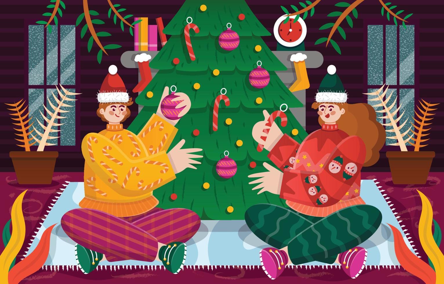 pareja vistiendo suéter feo de navidad en casa plantilla de fondo vector