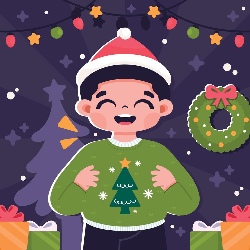 chico feliz vistiendo feo suéter de navidad vector