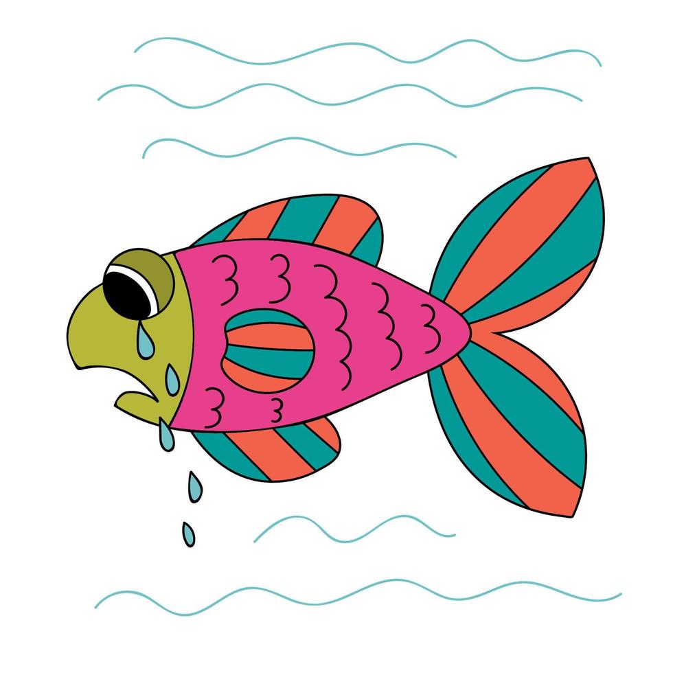 pez de dibujos animados llorando. Pescado verde, rosado, anaranjado dibujado mano triste aislado en el fondo blanco. vector