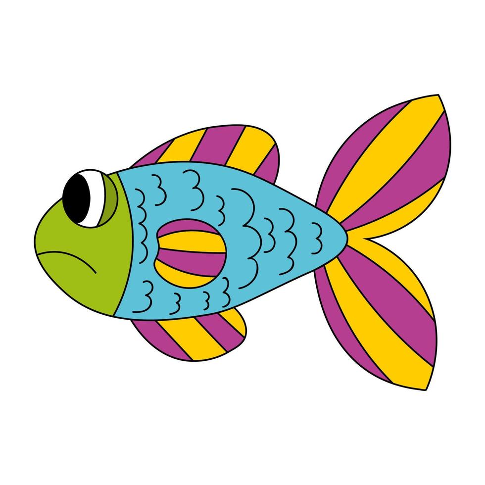 Cartoon sad fish in blue, yellow, purple, green color isolated on white. vector