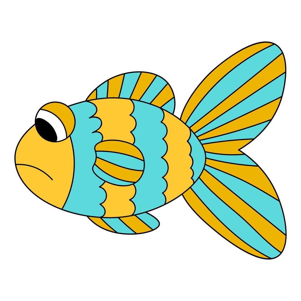 Sad cartoon blue and yellow fish isolated on white background. vector