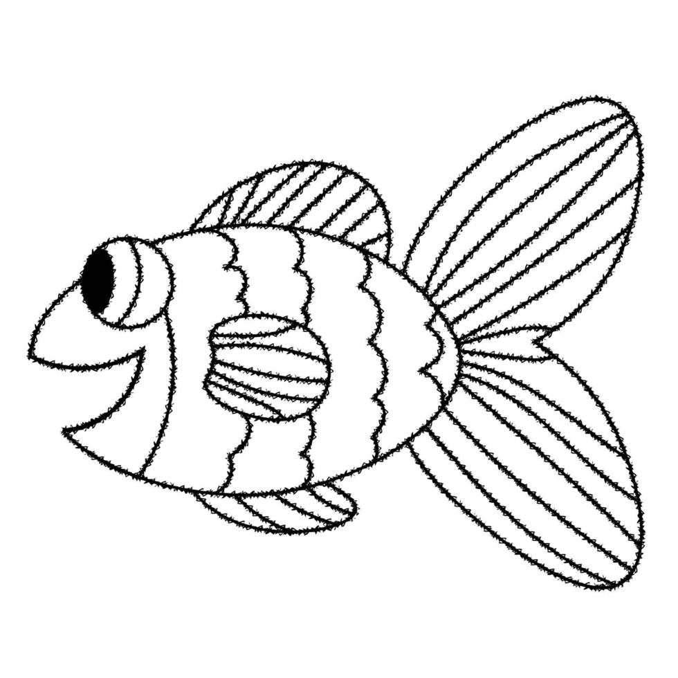 feliz, línea fina, caricatura, lindo, garabato, pez. Dibujado a mano alegre animal de acuario tropical. icono aislado sobre fondo blanco. vector