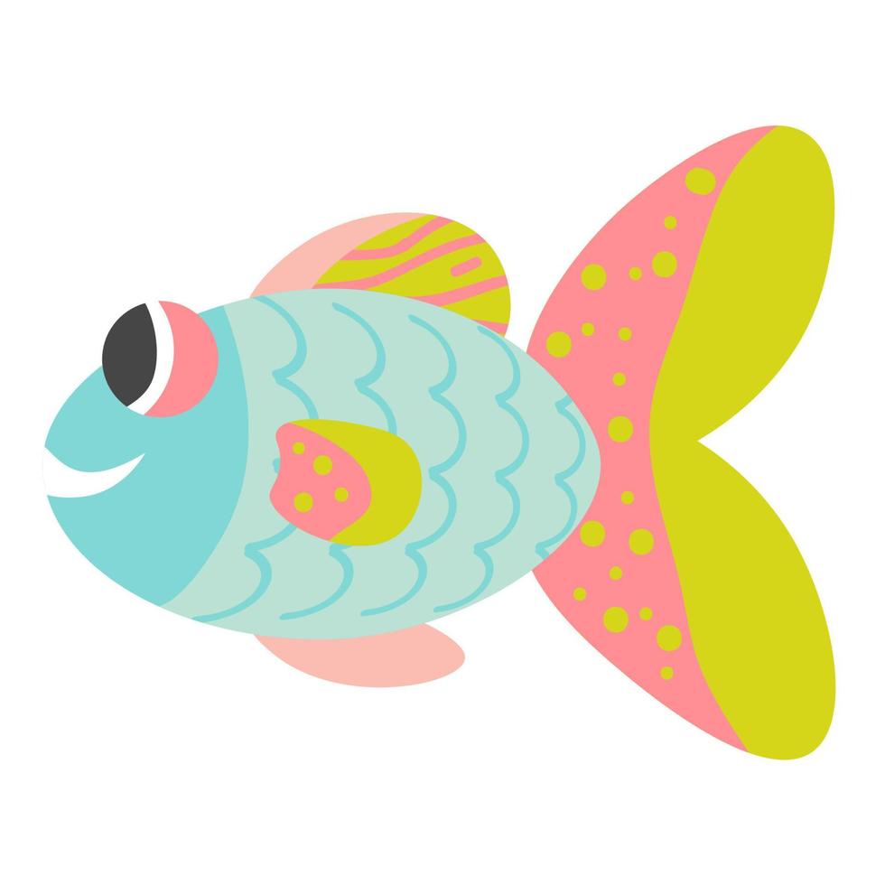 Happy cute blue pink green cartoon fish isolated on white. Funny textured tropical underwater animal. vector