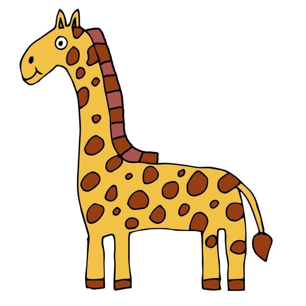 Cartoon doodle linear giraffe isolated on white background. Childlike style. vector