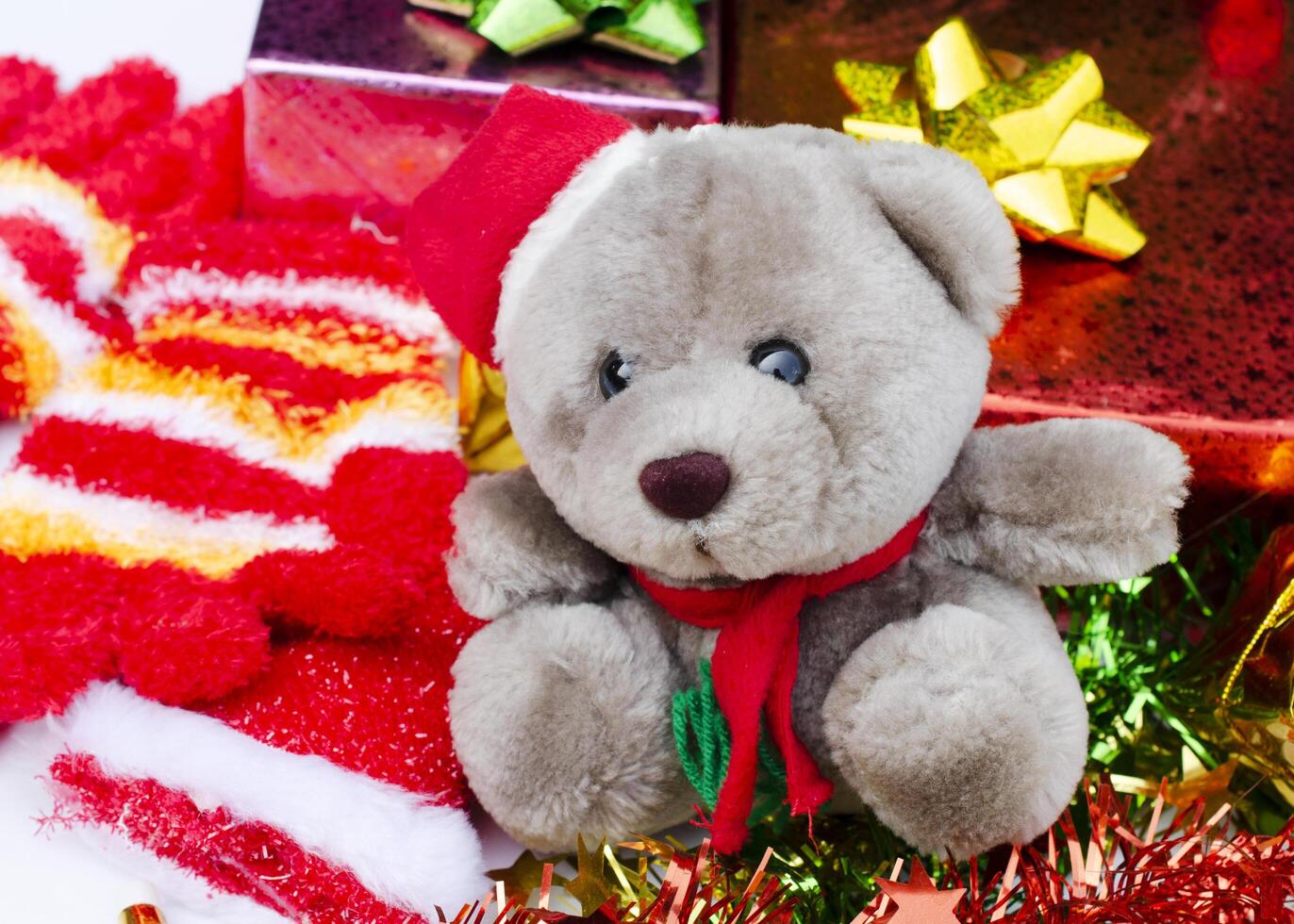 Close up of Teddy with christmas decoration backgrounds photo