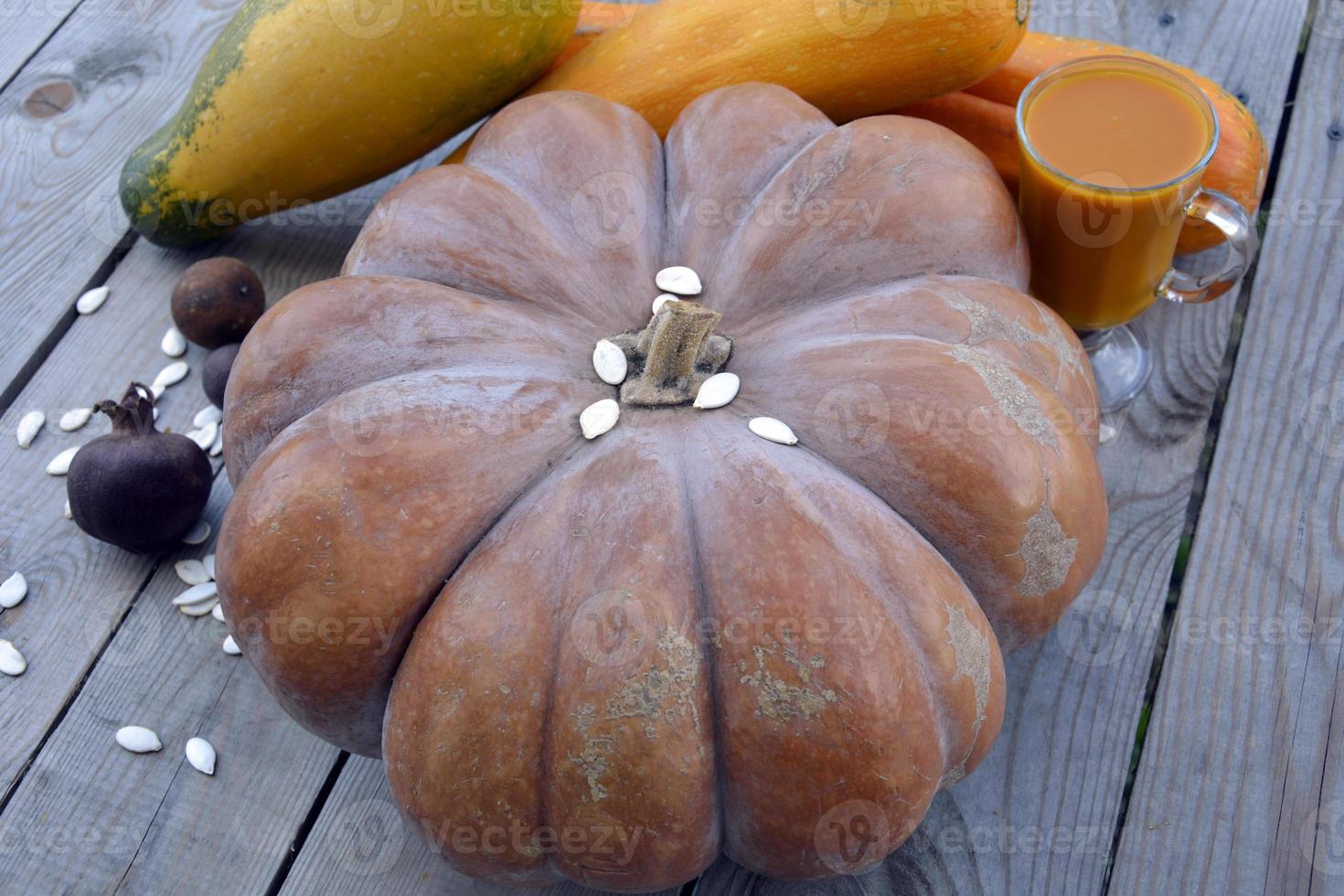 Diet pumpkin juice and tape measure. Huge pumpkin and zucchini on a wooden background. photo