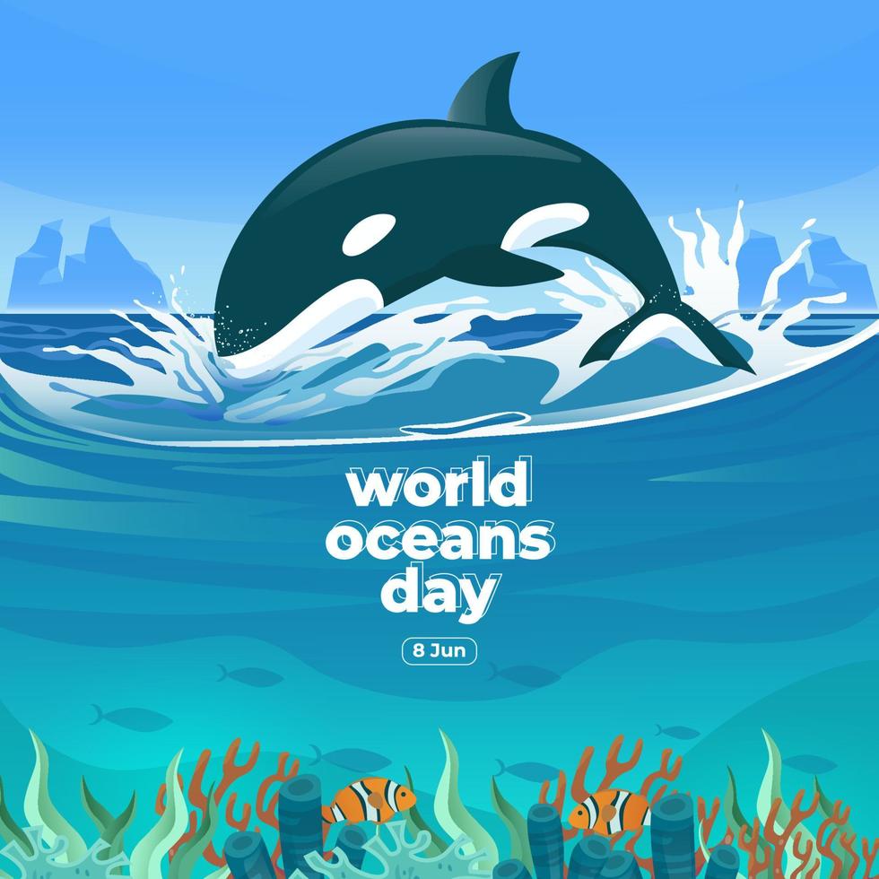 World oceans day 8 June. Save our ocean. Large whale and fish were swimming underwater with beautiful coral and seaweed background vector illustration.