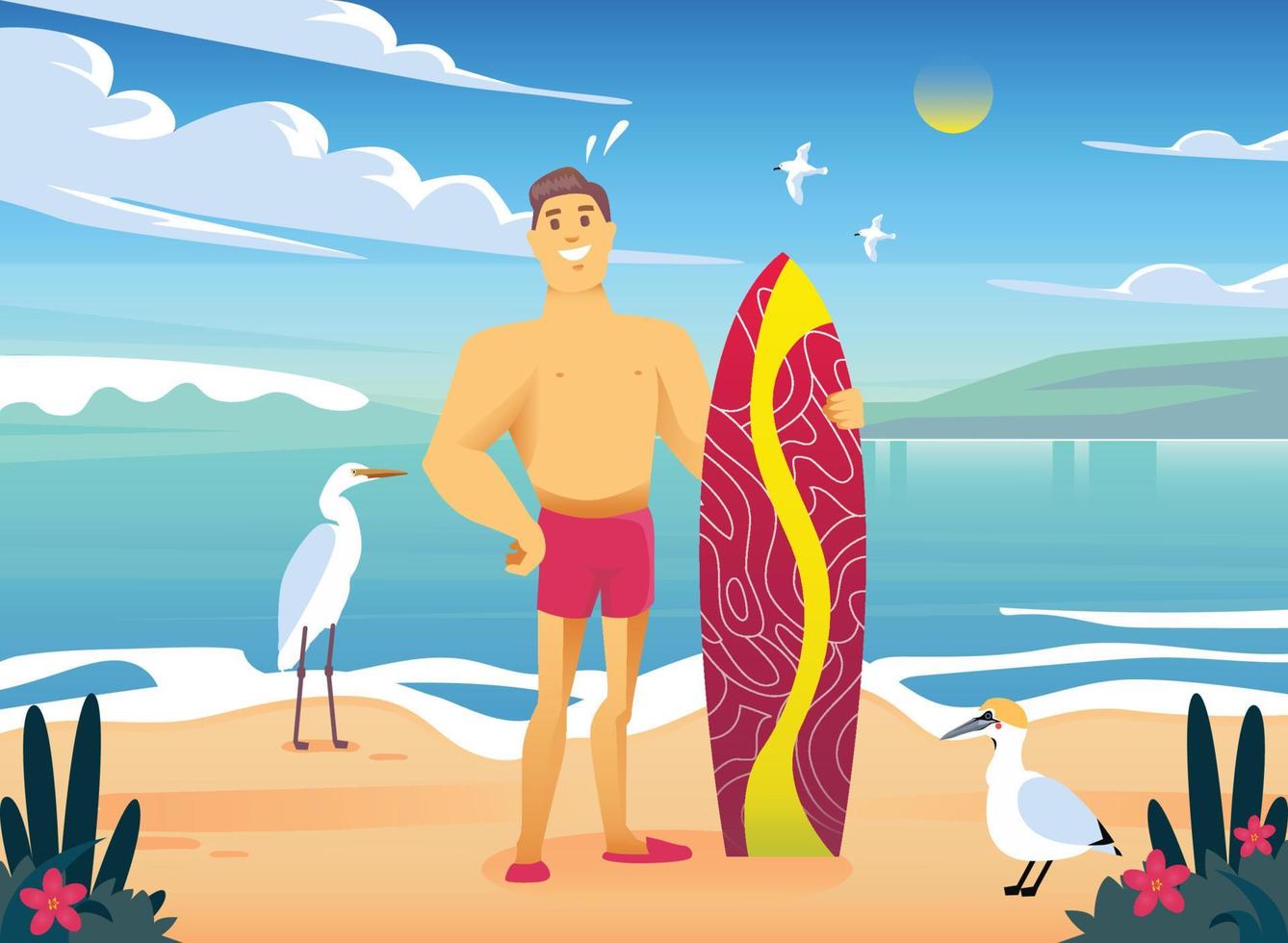 Summer beach concept. Man ready to surf with birds vector design illustration