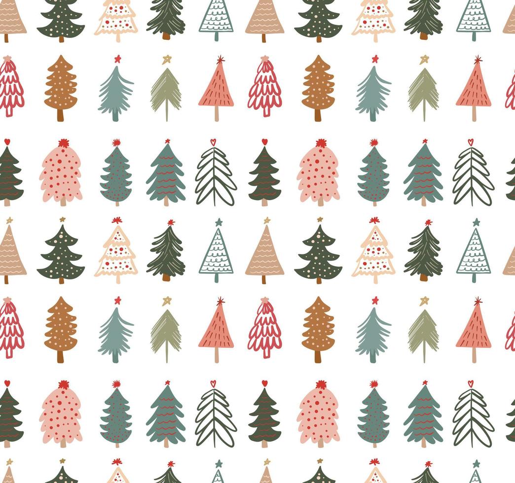 Cute winter season holiday childish seamless pattern with minimalist hand drawn various Christmas tree doodle. Beautiful New Year children naive background design, textile print vector