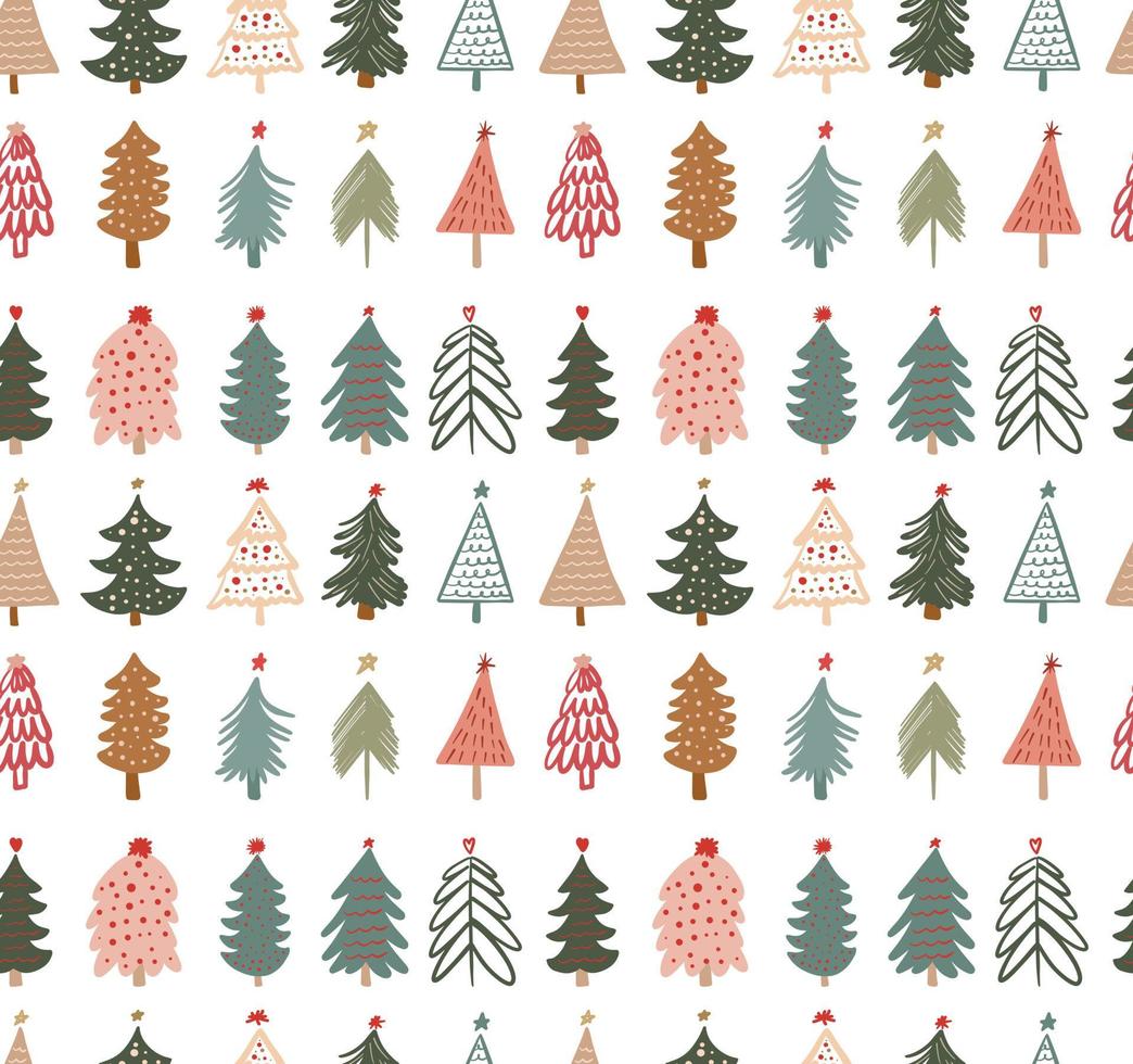 Cute winter season holiday childish seamless pattern with minimalist hand drawn various Christmas tree doodle. Beautiful New Year children naive background design, textile print vector