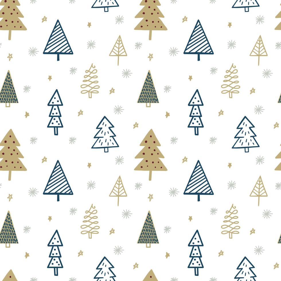 Lindo patrón sin costuras infantil de vacaciones de temporada de invierno con doodle de árbol de Navidad dibujado a mano minimalista. Hermoso diseño de fondo ingenuo para niños de año nuevo, estampado textil vector