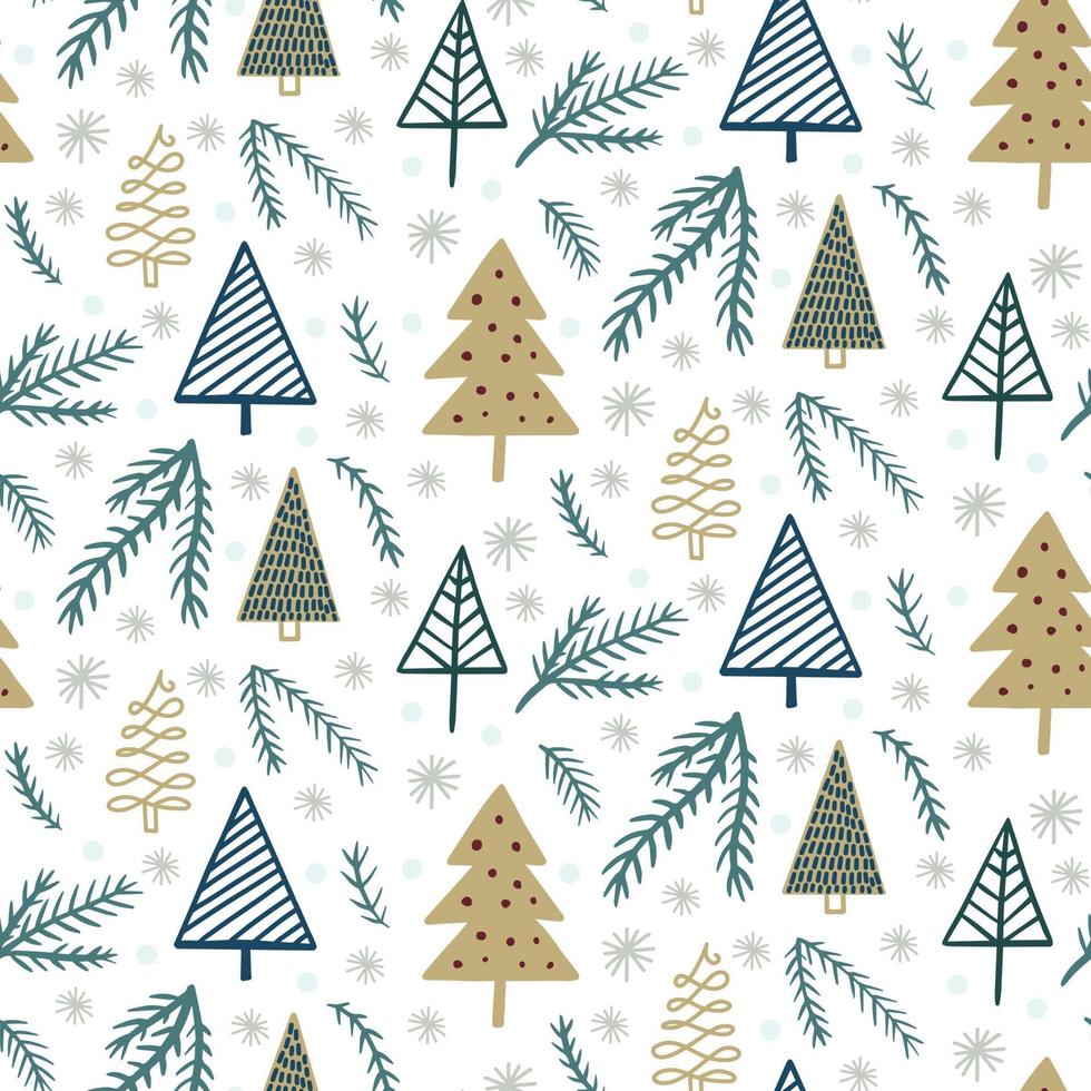 Cute winter season holiday childish seamless pattern with Scandinavian minimalist hand drawn Christmas tree doodle, fine tree branch, snowflakes. Beautiful New Year children background design vector