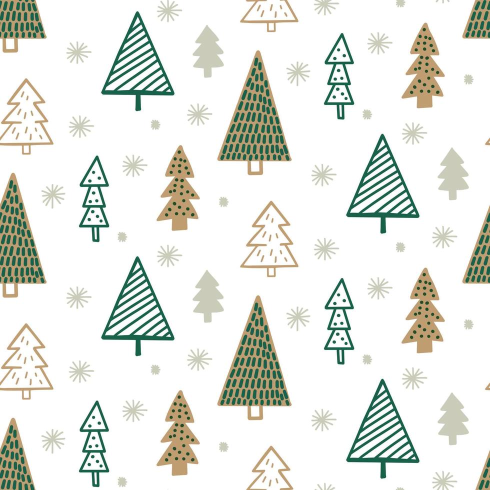 Lindo patrón sin costuras infantil de vacaciones de temporada de invierno con doodle de árbol de Navidad dibujado a mano minimalista escandinavo. Hermoso diseño de fondo ingenuo para niños de año nuevo, estampado textil vector