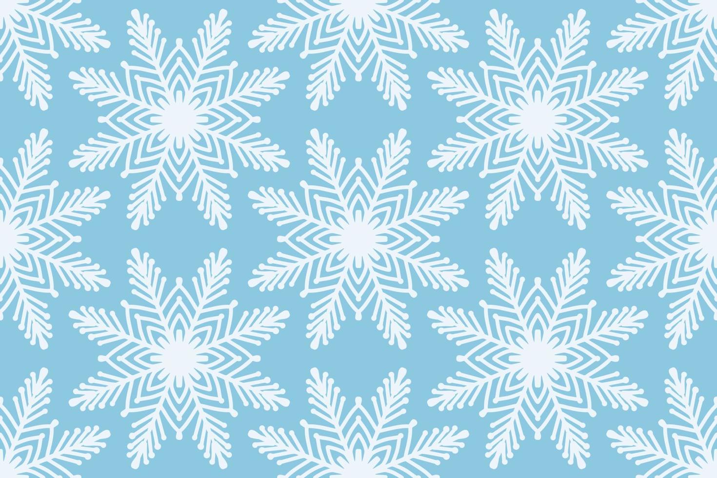 Cute winter season seamless pattern background with snowflake icon on bright blue. Geometric ornament print, Christmas, New Year textile design vector