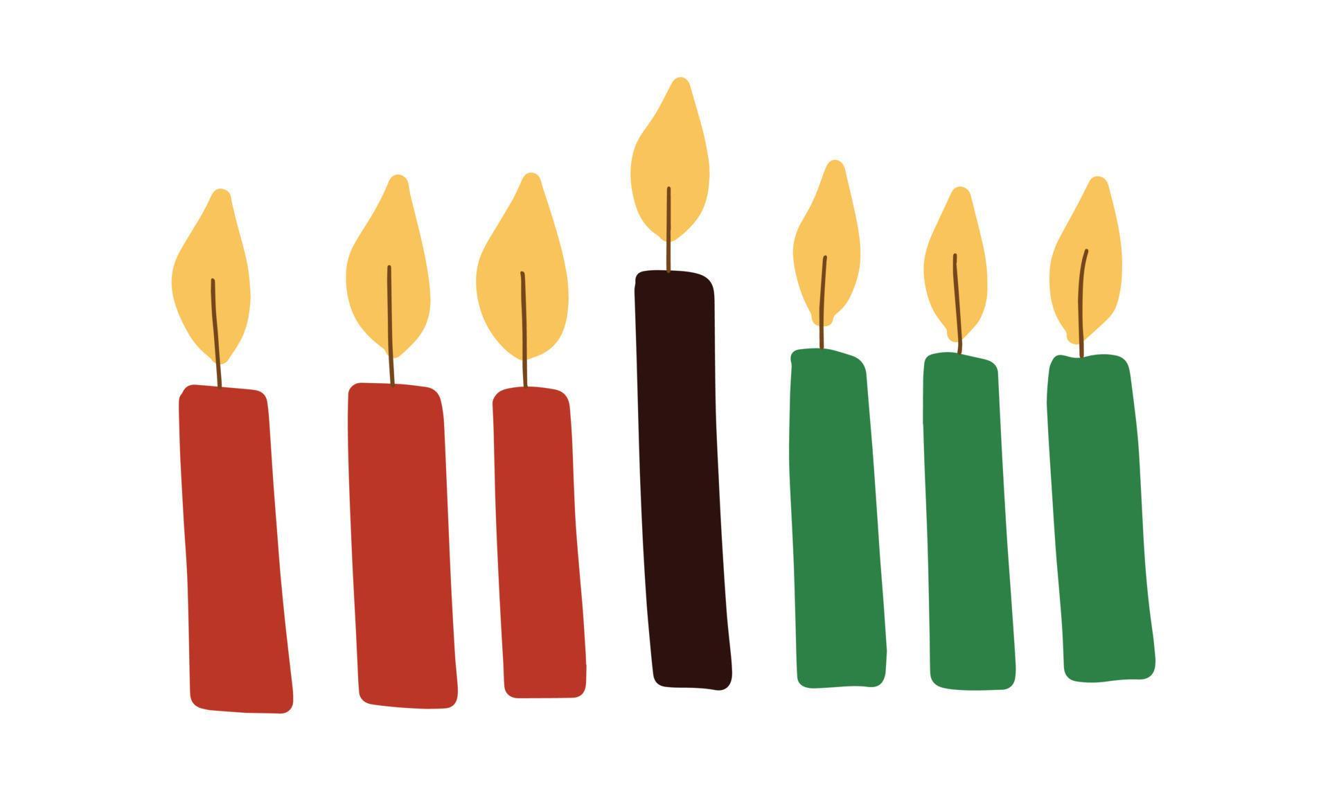 Seven Kwanzaa kinara candles in traditional African colors red, black