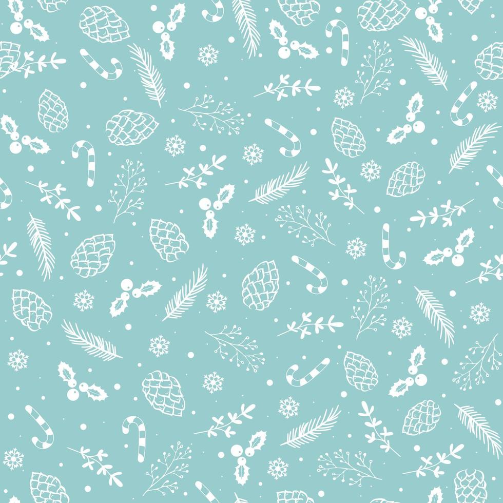 Christmas pattern. Pine twigs, snowflakes, candy and snowfall. vector