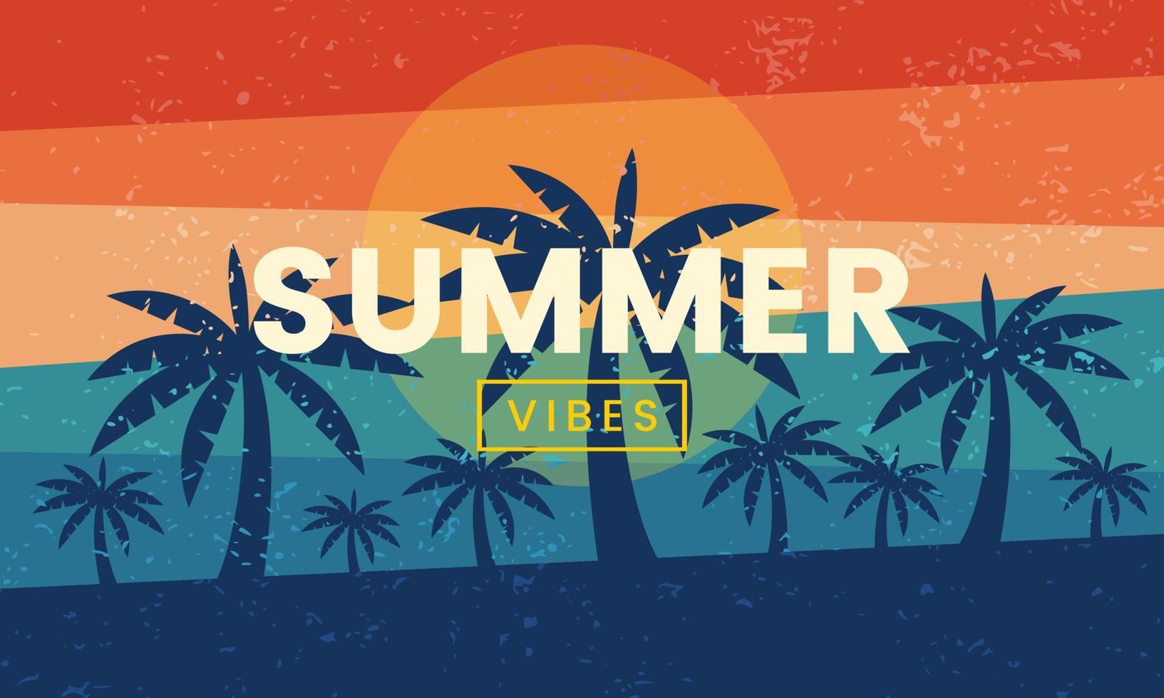 banner de vibraciones de verano retro. exótica silueta de palmeras y fondo de playa vector