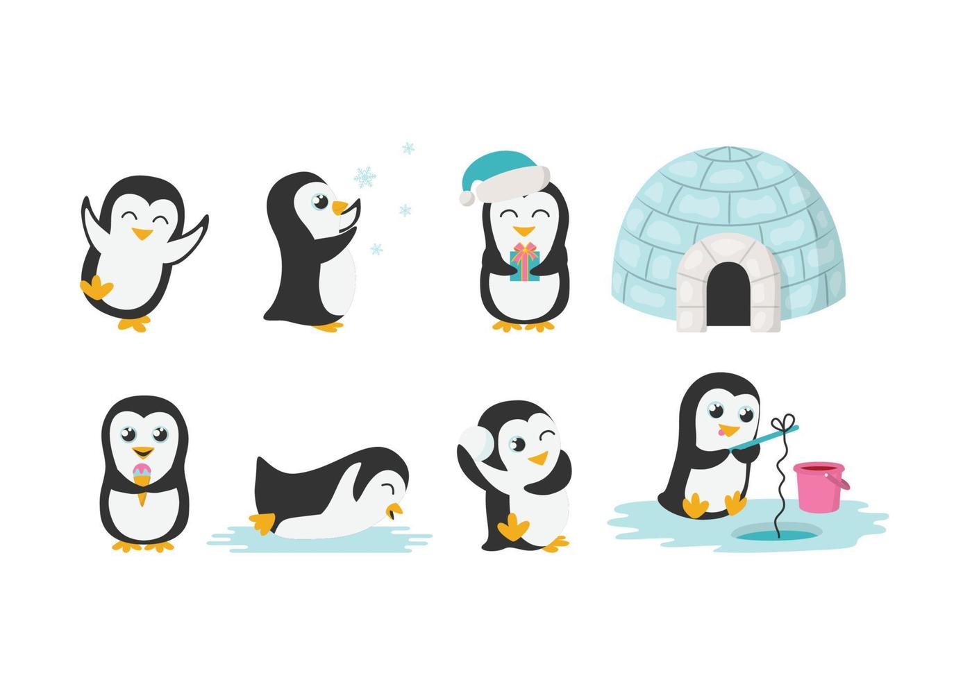 Collection of Cute Cartoon Penguins with Icehouse vector