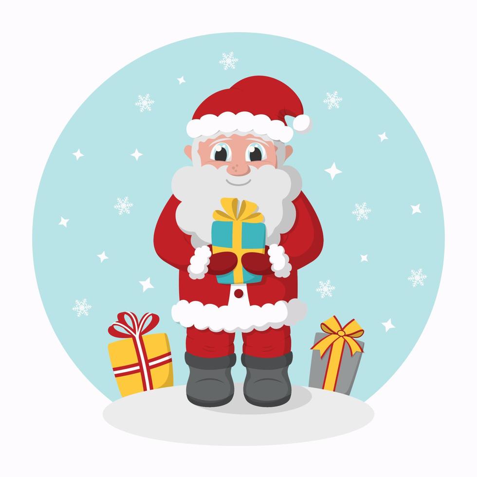 Cute Cartoon Smiling Santa Claus Holding a Gift Box with Bow vector