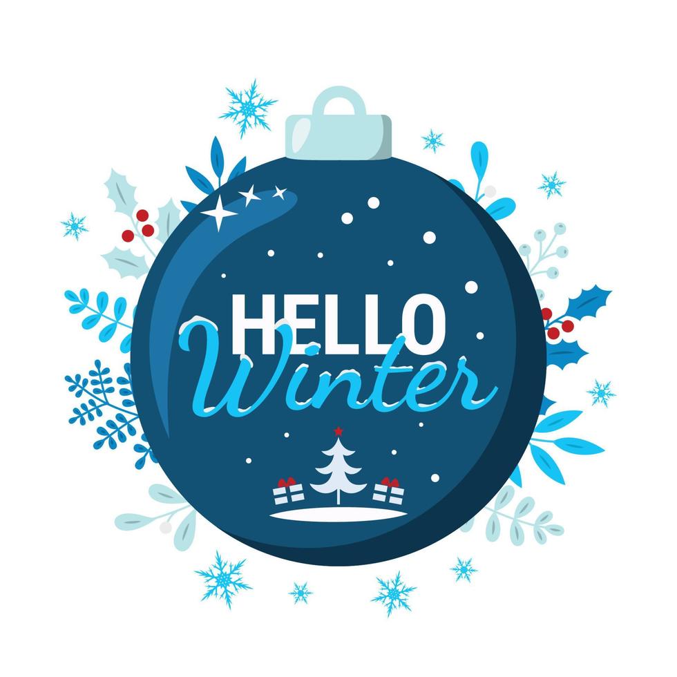 Hello Winter Card with Christmas Ball and Snowflakes vector