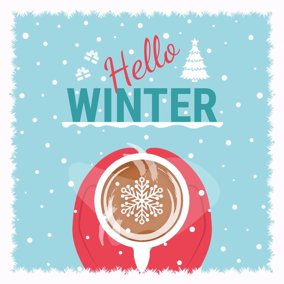 Hello Winter Card with Hands in Mittens, Coffee and Snow vector