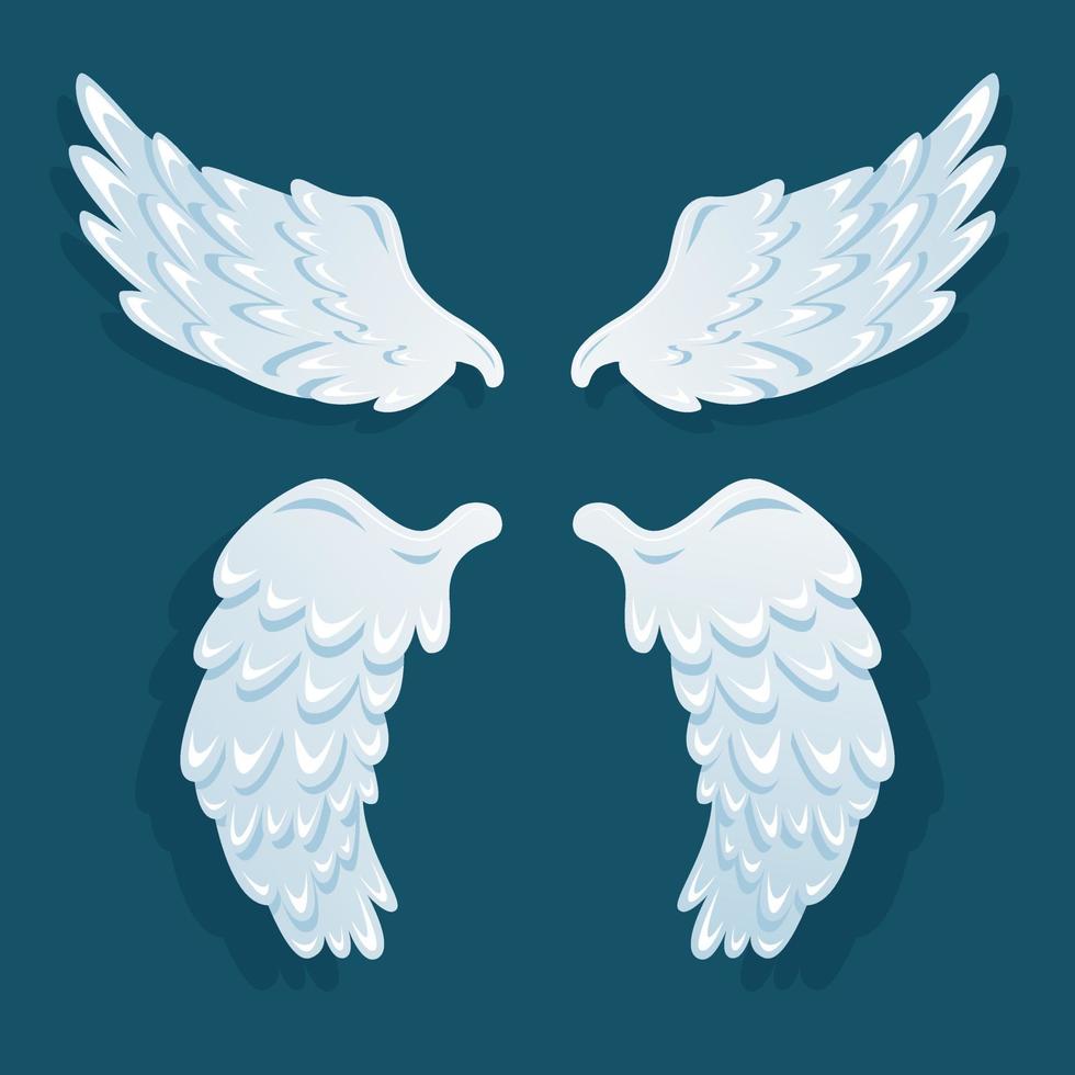 Cartoon cute angel wings. Set of flat vector wings isolated on blue background.