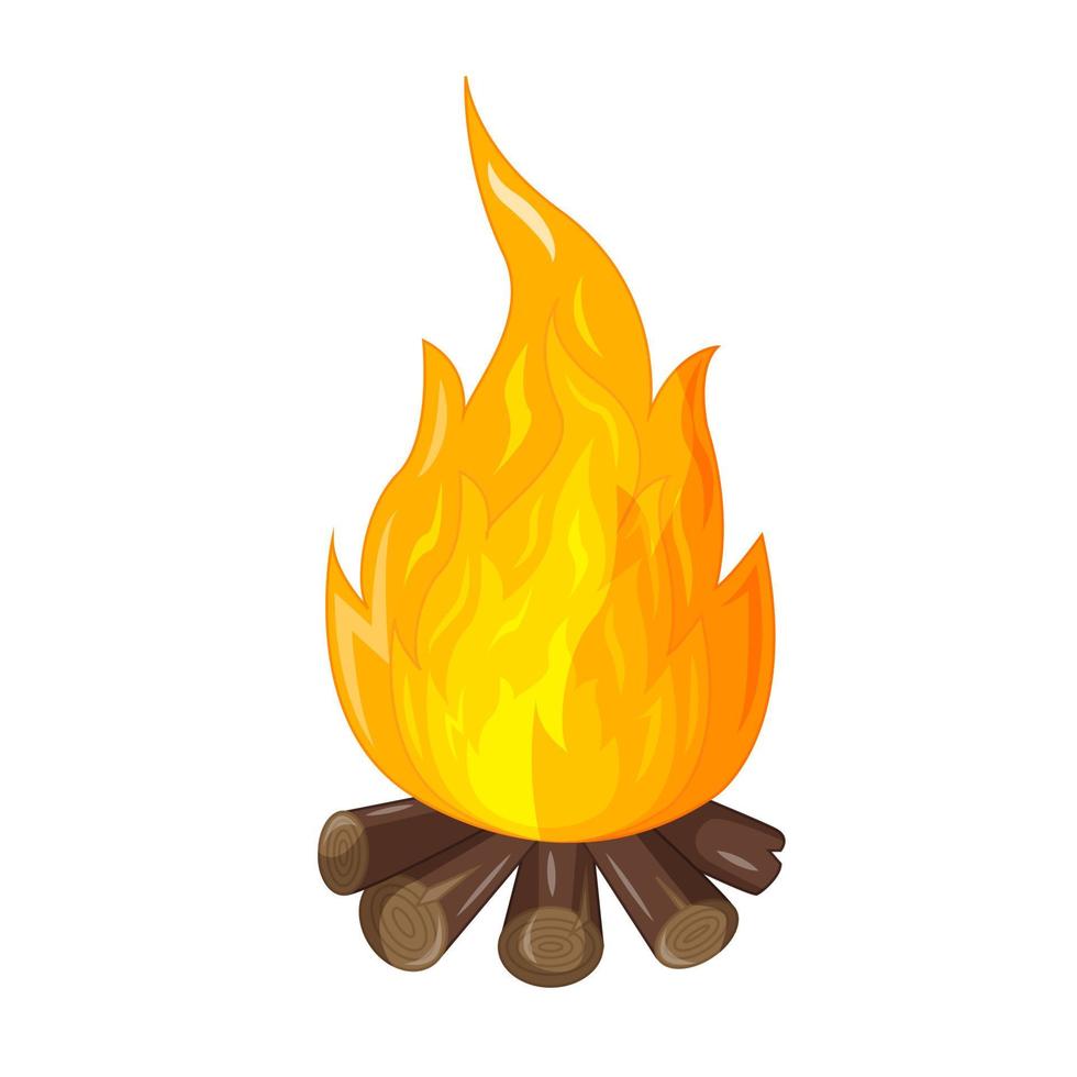 Cartoon flames with the bright core. Vector illustration of flame and wood isolated on white background. Icon, logo, graphic design element in flat cartoon style.