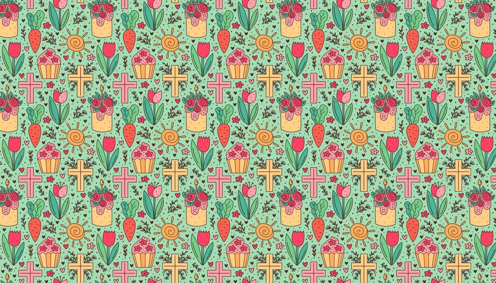 Happy Easter holiday doodle pattern texture banner cupcake cake tulip flower christian cross sun carrot vector