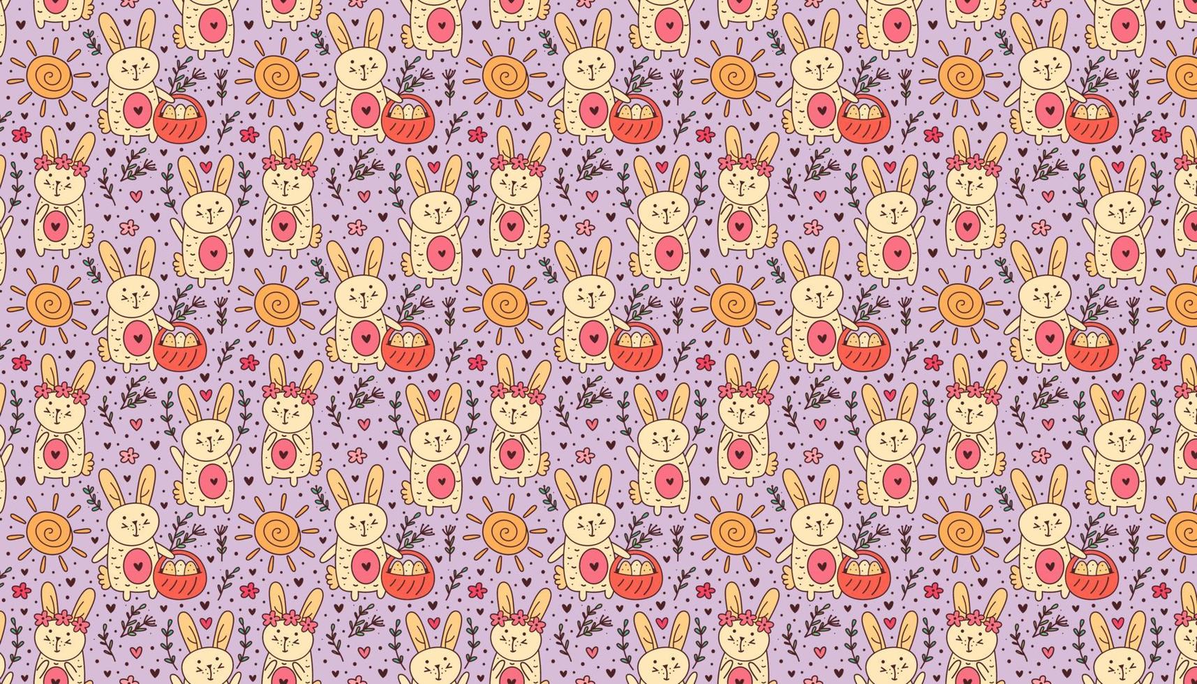 Happy Easter holiday doodle pattern background banner little rabbit bunny sun herbs vector