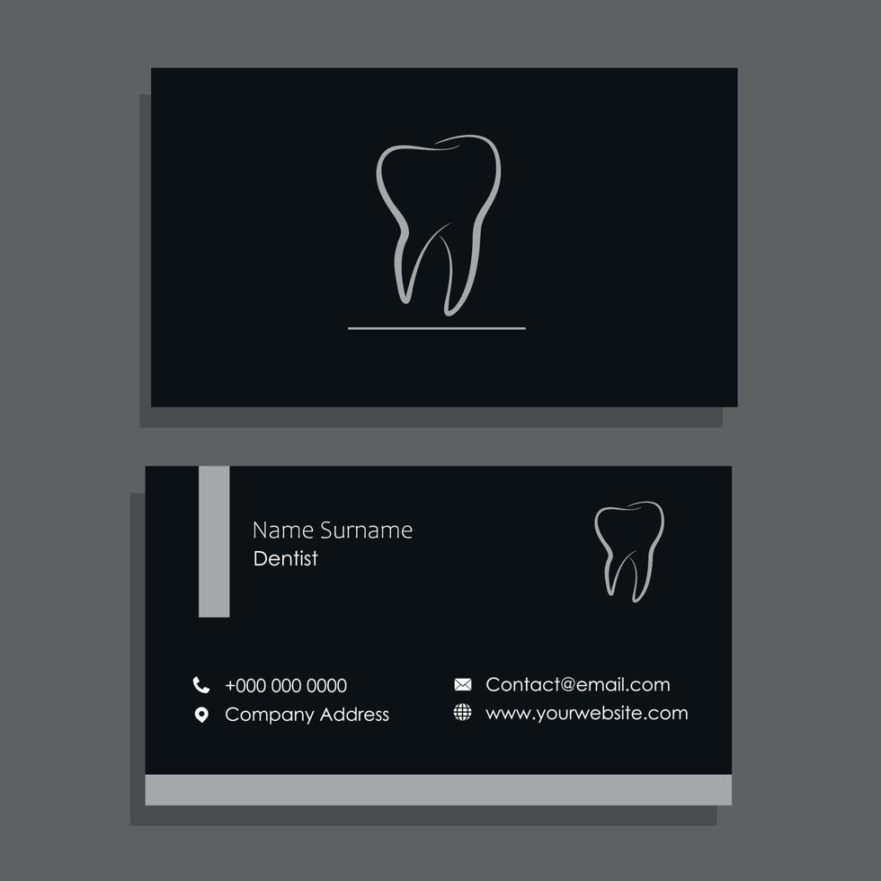 tarjeta de visita de dentista negra con diseño de diente de color metálico vector