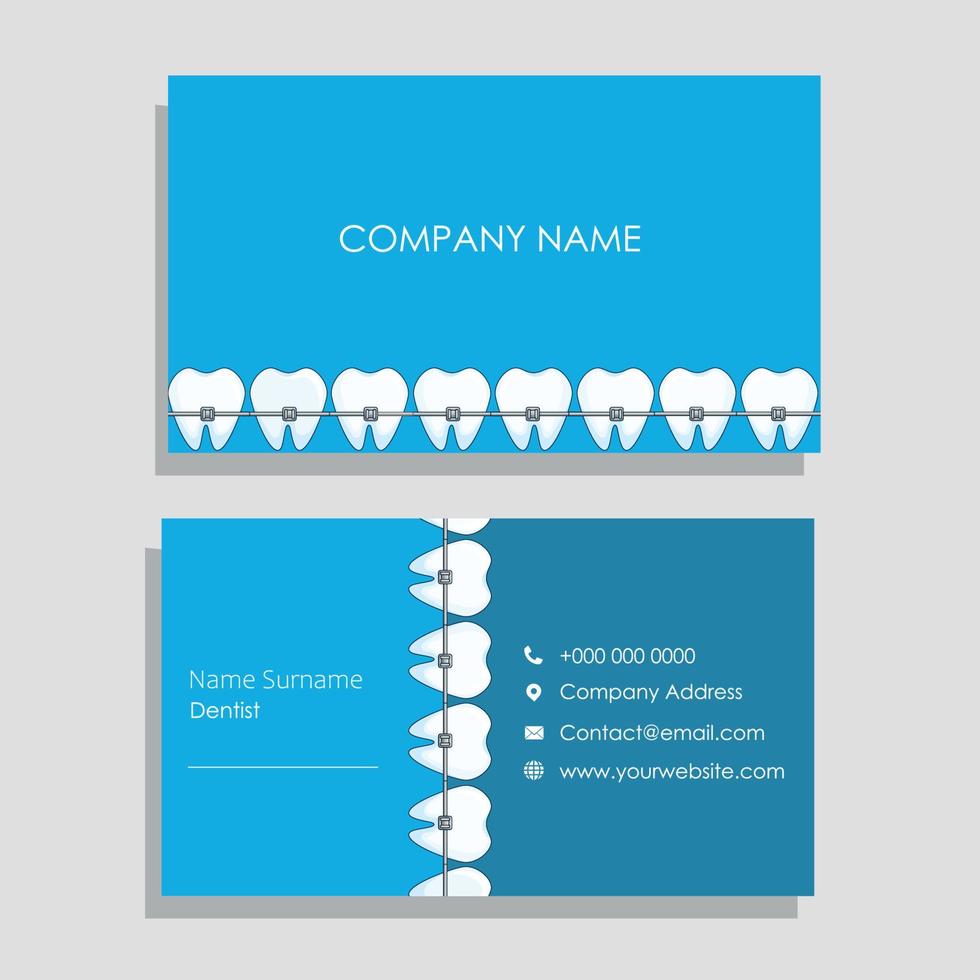 Tarjeta de visita de dentista azul con ilustración de dientes con frenillos vector