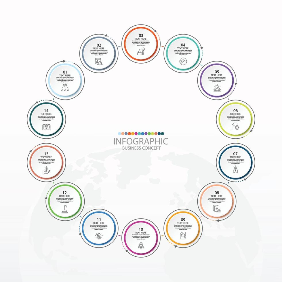 Plantilla de infografía de círculo básico con 14 pasos. vector