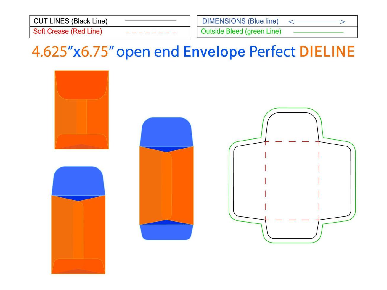 Packaging open end envelope or Catalog envelope 4.625x6.75 inch dieline template and 3D envelope editable easily resizable vector