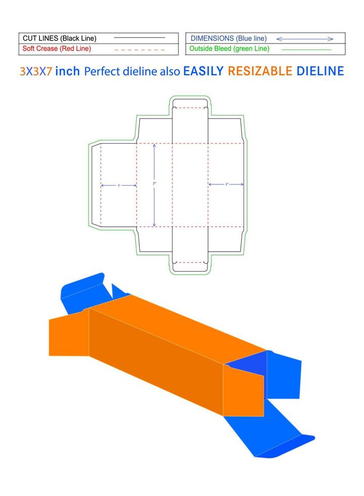 Cajas de extremos rectos que empaquetan plantilla de dieline de 3x3x7 pulgadas y archivo vectorial 3d vector