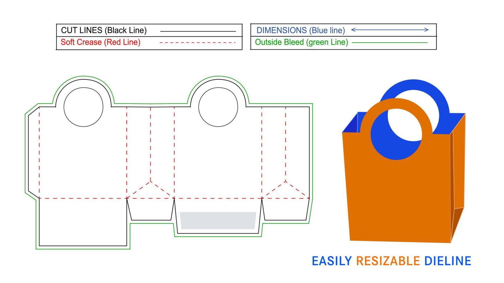 mango de corte redondo papel compras caja de regalo bolsa de papel estilo caja dieline y archivo vectorial 3d vector