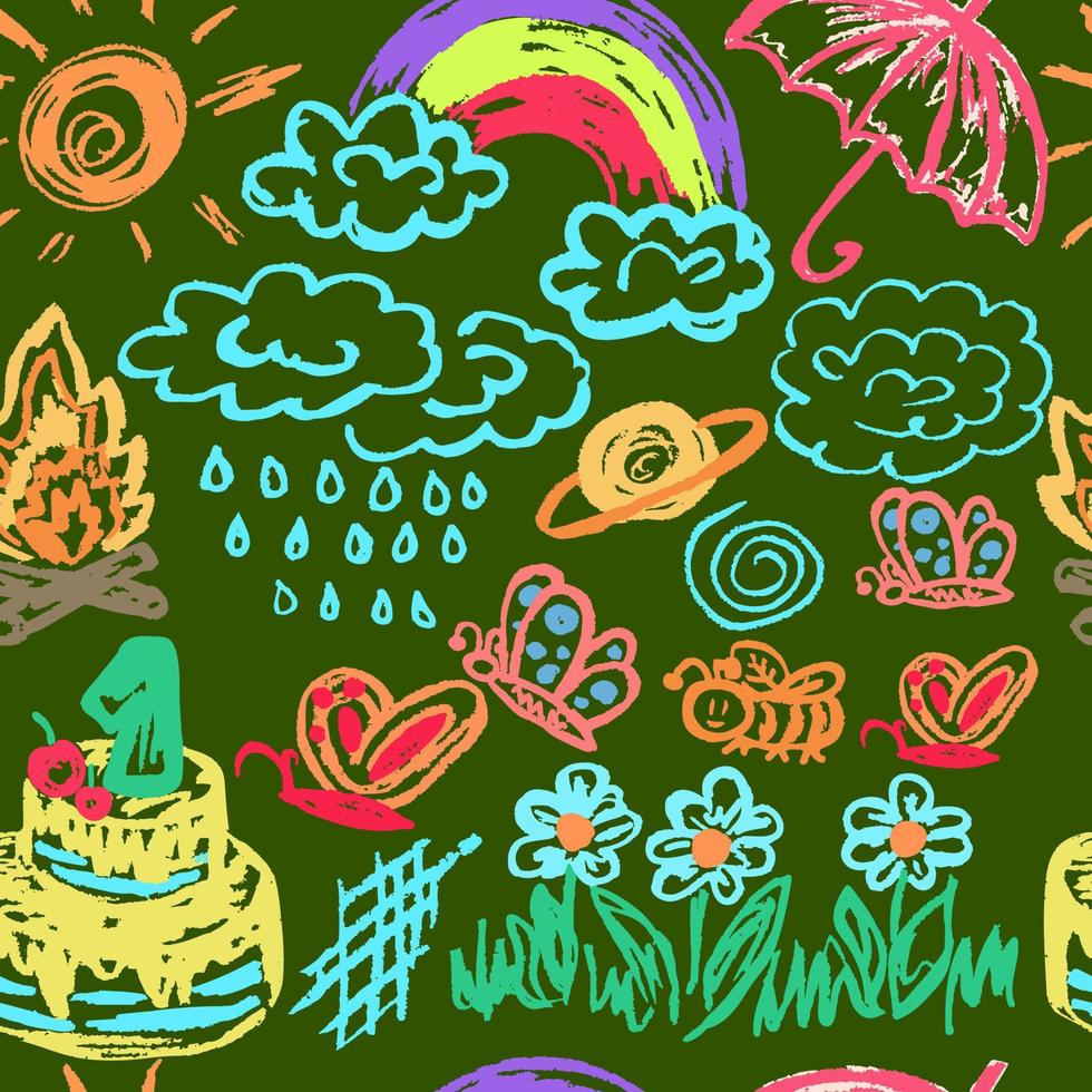 Seamless children drawing. Colored wax crayons. Icons, signs, symbols, pins vector