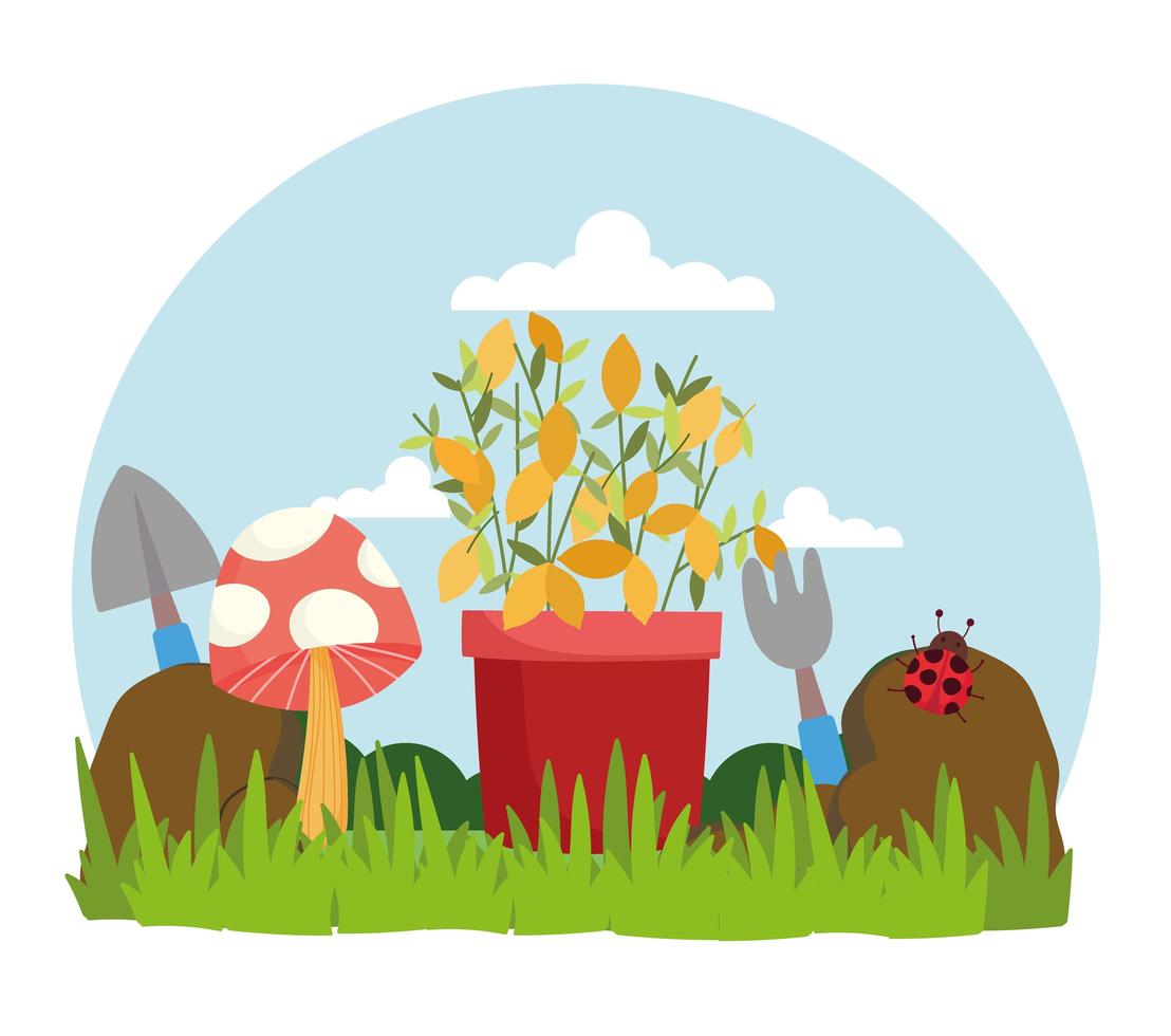 Gardening potted plant ladybird mushroom and tools on grass vector