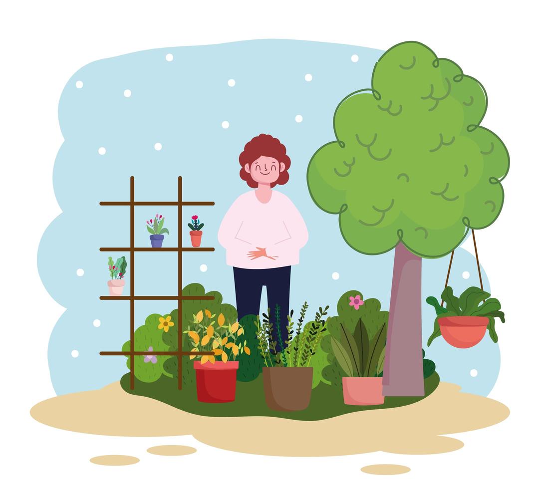 jardinería, mujer con plantas en macetas y estante con plantas y jardín de árboles vector