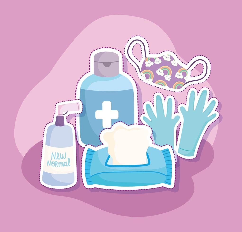 new normal lifestyle, disinfectant kit tissue paper gloves mask and disinfectant spray cartoon style vector