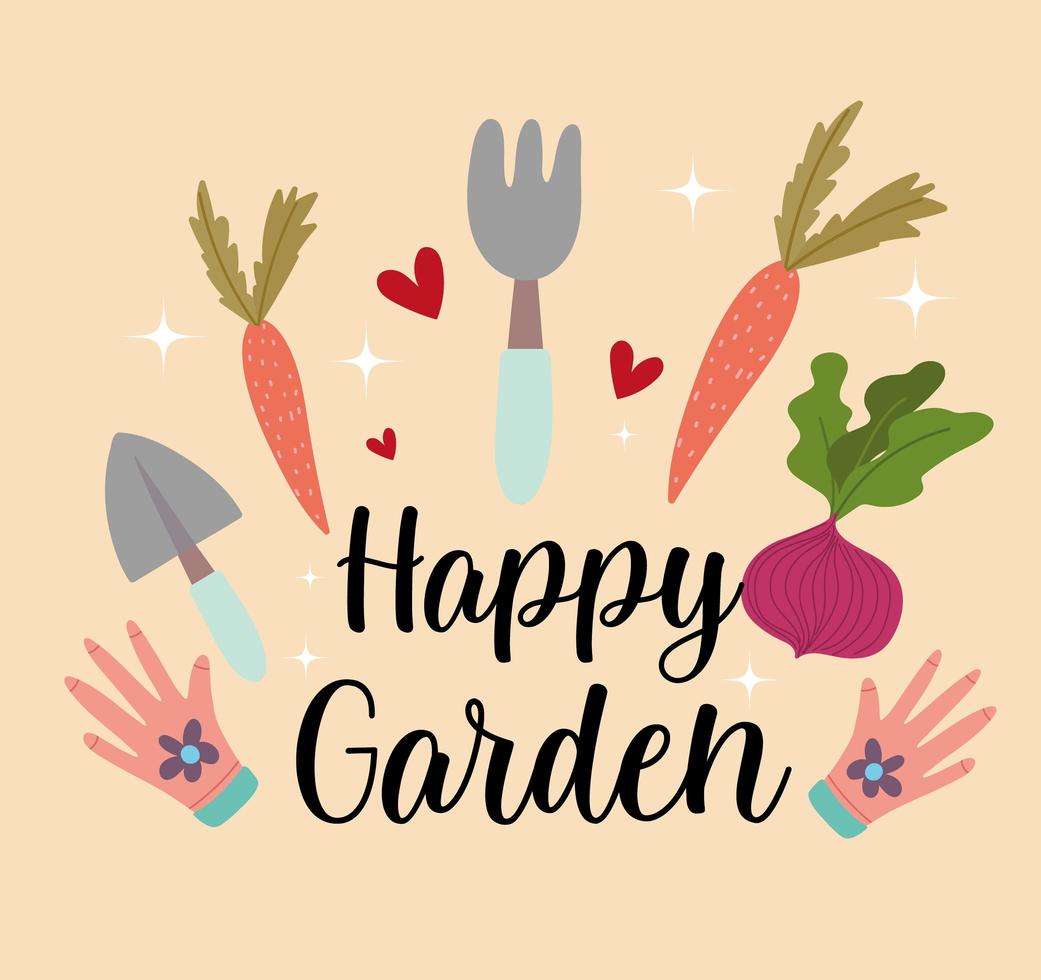 jardinería zanahorias rastrillo pala guantes remolacha, letras de jardín feliz vector