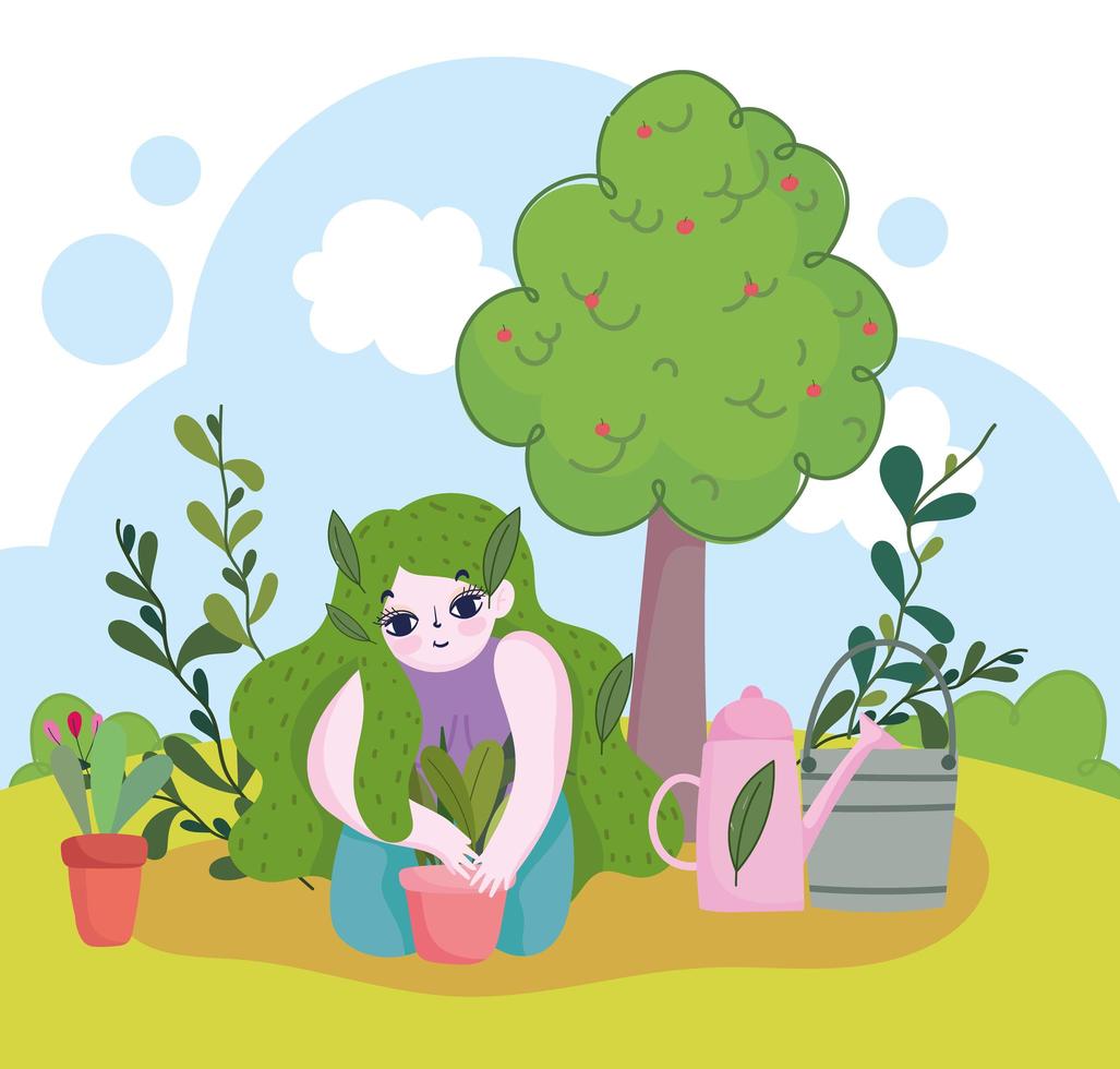 jardinería, niña con plantas en maceta regadera y árbol vector