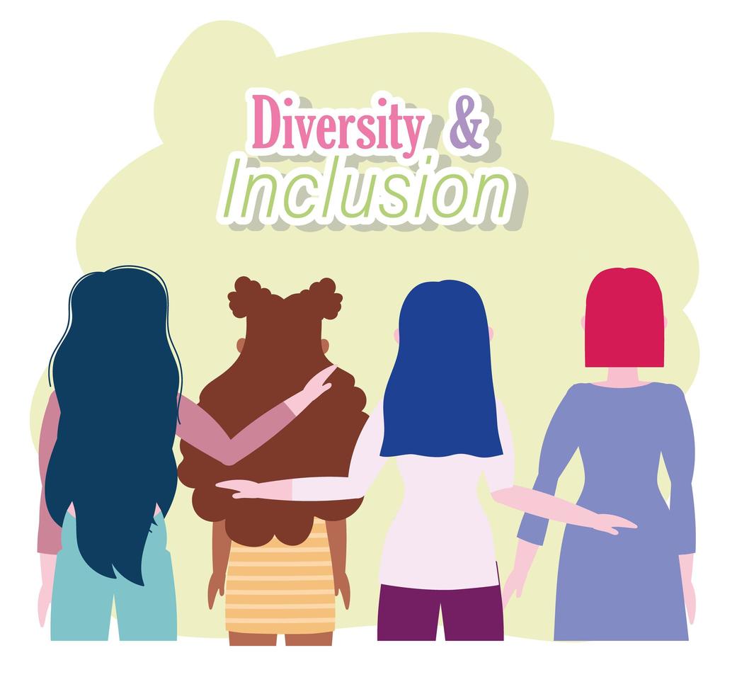diverso grupo femenino abrazando vista trasera carácter e inclusión vector